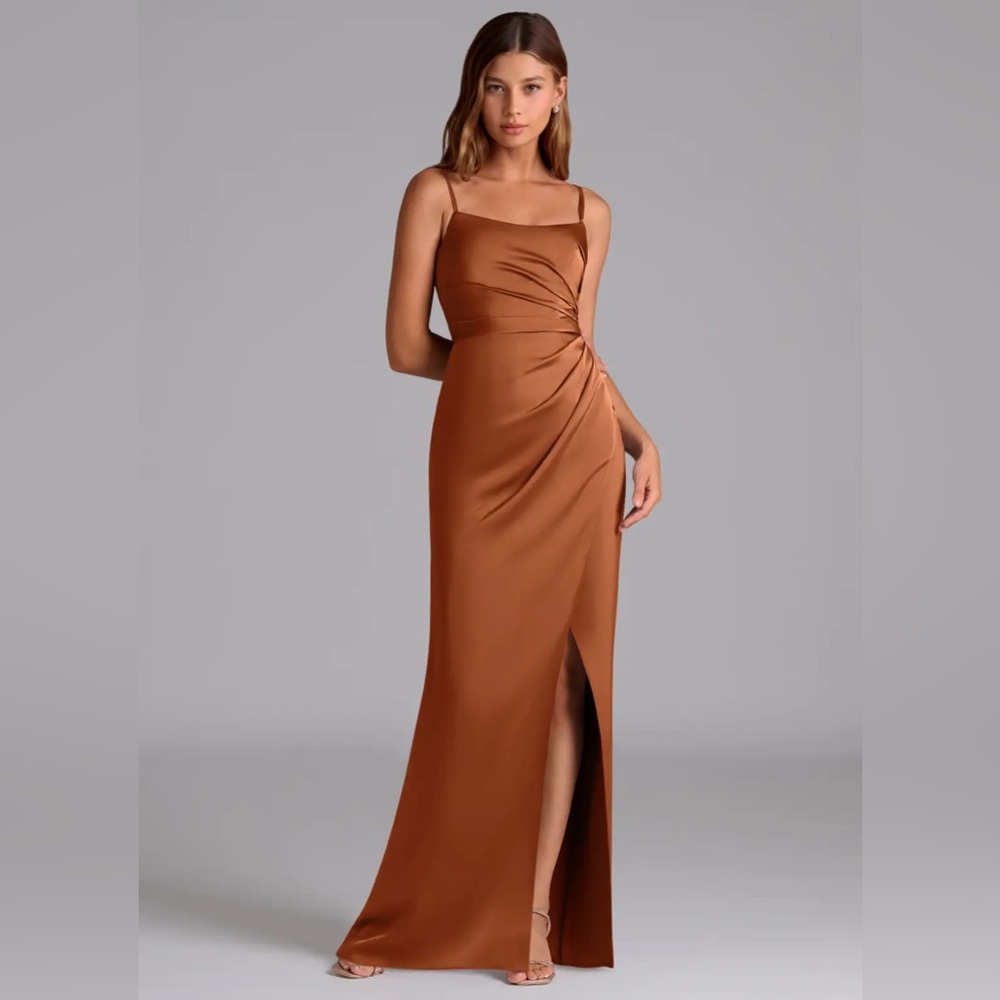 Azazie Calandra Copper A-Line Pleated Stretch Satin Dress - Picture 1 of 7